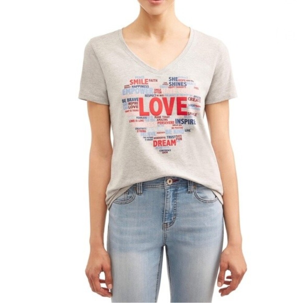Love Word heart shape gray Vneck TShirt Size Small
